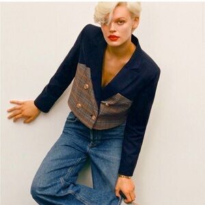 Anthropologie Navy & Plaid Cropped Blazer Jacket